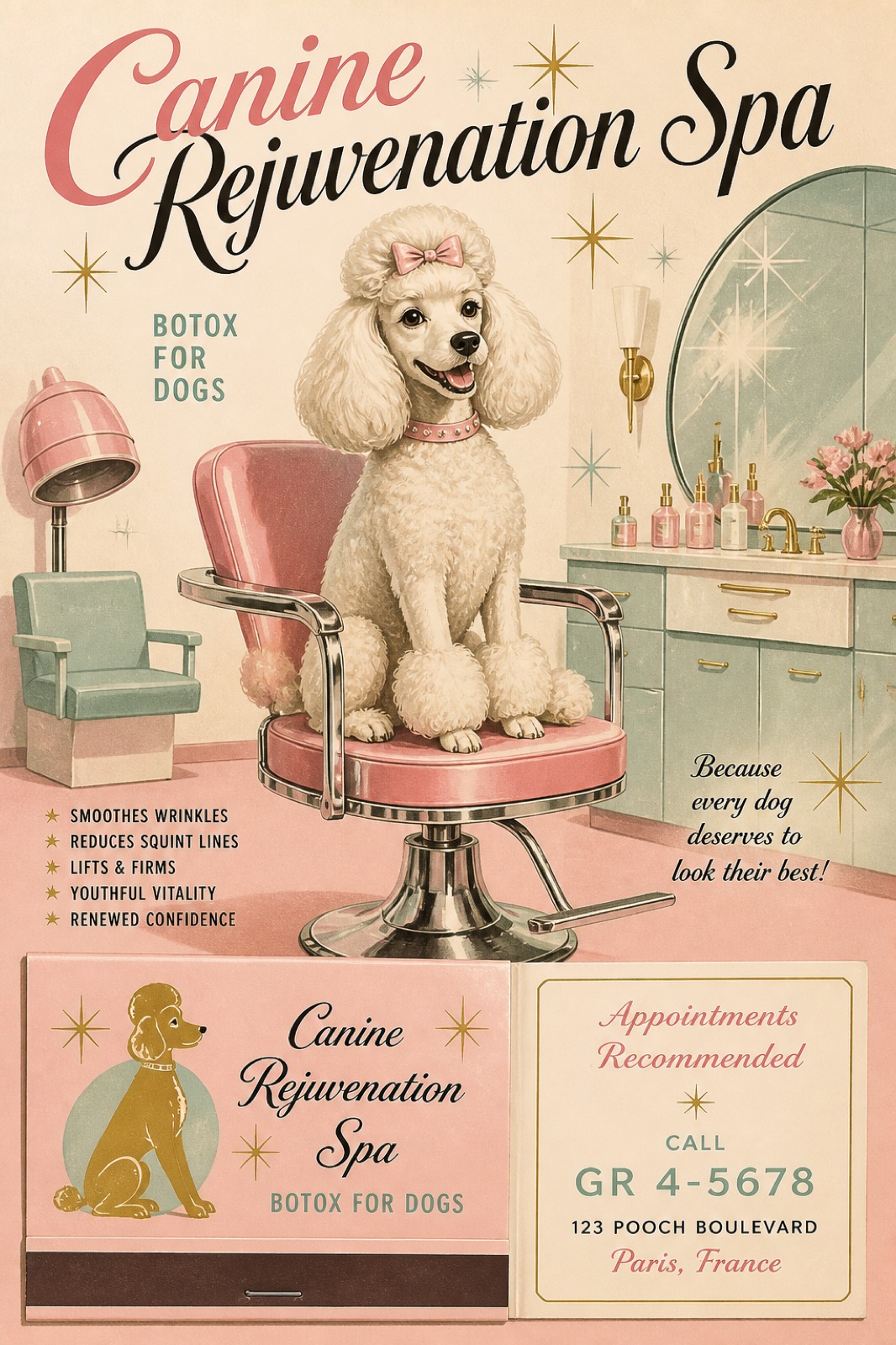1950s salon advertisement: Canine Rejuvenation Spa